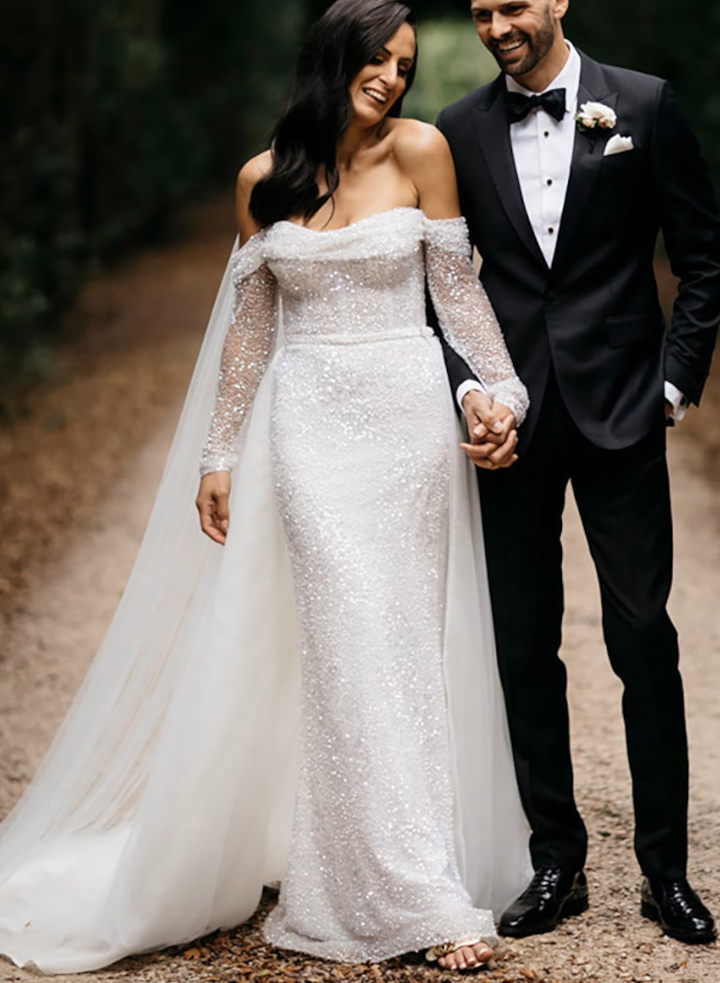 Sequined Off-The-Shoulder Long Sleeves Wedding Dresses With Detachable Train