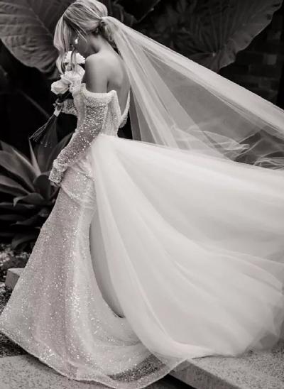Sequined Off-The-Shoulder Long Sleeves Wedding Dresses With Detachable Train