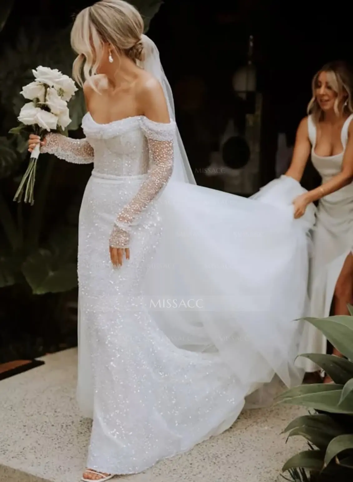 Sparkle Off-Shoulder Collar Draping Open Back Wedding Dresses With Detachable Skirt - Missacc Mexico Sparkle Off-Shoulder Collar Draping Open Back Wedding Dresses With Detachable Skirt - Missacc Mexico