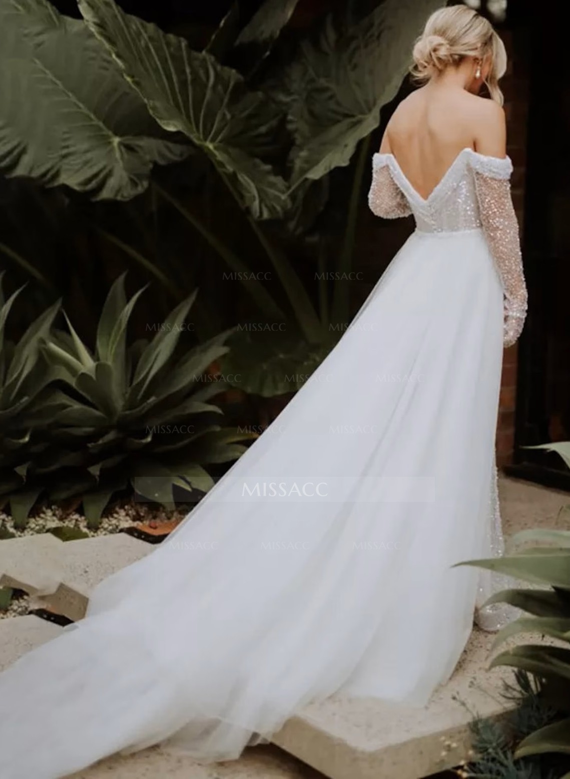 Sparkle Off-Shoulder Collar Draping Open Back Wedding Dresses With Detachable Skirt