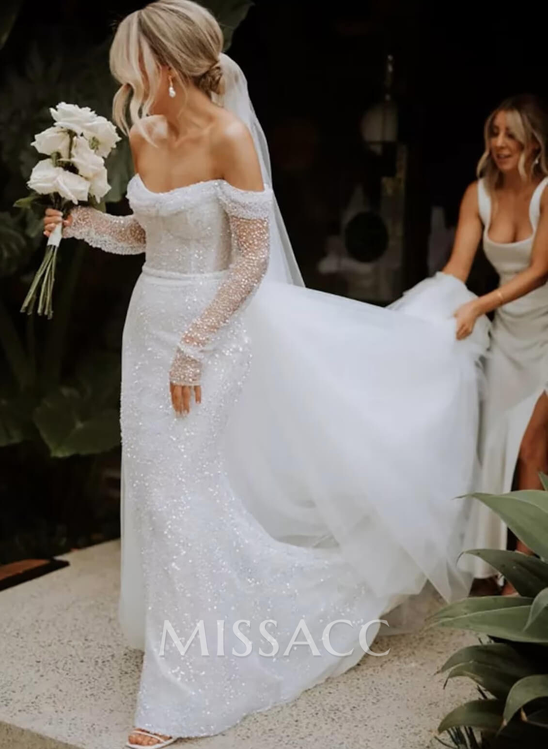 Sparkle Off-Shoulder Collar Draping Open Back Wedding Dresses With Detachable Skirt Sparkle Off-Shoulder Collar Draping Open Back Wedding Dresses With Detachable Skirt