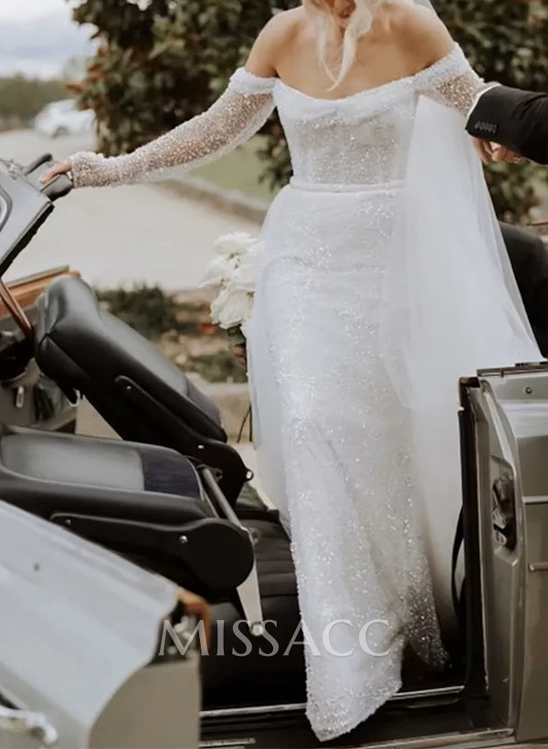 Sparkle Off-Shoulder Collar Draping Open Back Wedding Dresses With Detachable Skirt Sparkle Off-Shoulder Collar Draping Open Back Wedding Dresses With Detachable Skirt