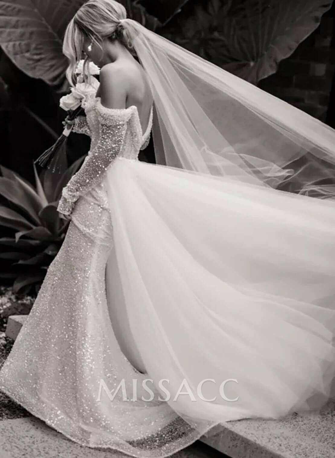 Sparkle Off-Shoulder Collar Draping Open Back Wedding Dresses With Detachable Skirt Sparkle Off-Shoulder Collar Draping Open Back Wedding Dresses With Detachable Skirt