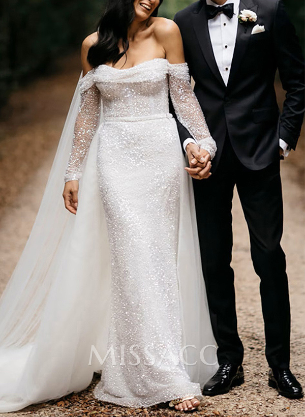 Sparkle Off-Shoulder Collar Draping Open Back Wedding Dresses With Detachable Skirt Sparkle Off-Shoulder Collar Draping Open Back Wedding Dresses With Detachable Skirt