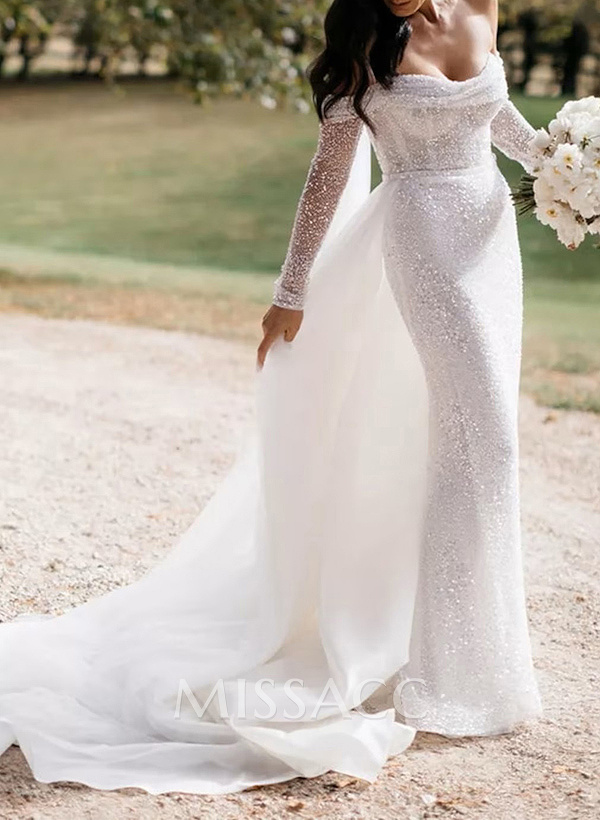 Sparkle Off-Shoulder Collar Draping Open Back Wedding Dresses With Detachable Skirt Sparkle Off-Shoulder Collar Draping Open Back Wedding Dresses With Detachable Skirt