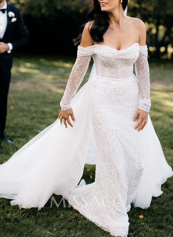 Sparkle Off-Shoulder Collar Draping Open Back Wedding Dresses With Detachable Skirt Sparkle Off-Shoulder Collar Draping Open Back Wedding Dresses With Detachable Skirt