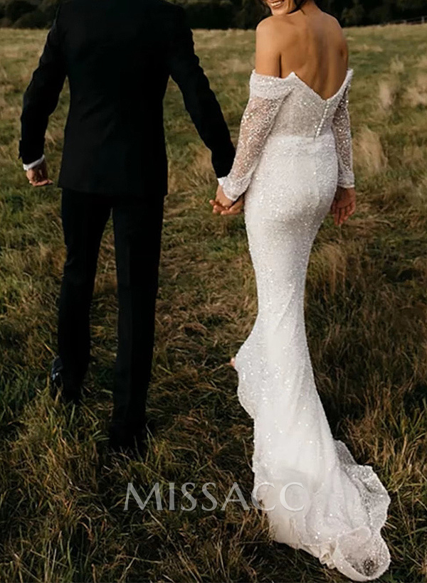 Sparkle Off-Shoulder Collar Draping Open Back Wedding Dresses With Detachable Skirt Sparkle Off-Shoulder Collar Draping Open Back Wedding Dresses With Detachable Skirt