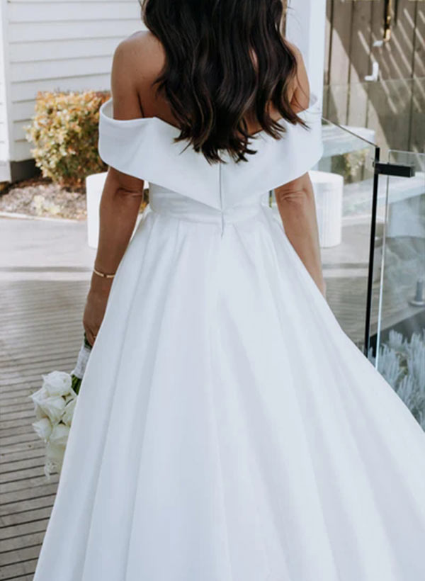 Ball-Gown Off-the-Shoulder Sleeveless Court Train Satin Wedding Dresses With Split Front