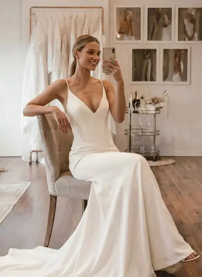 Mermaid V-Neck Sleeveless Court Train Elastic Satin Wedding Dresses
