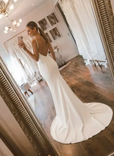 Mermaid V-Neck Sleeveless Court Train Elastic Satin Wedding Dresses
