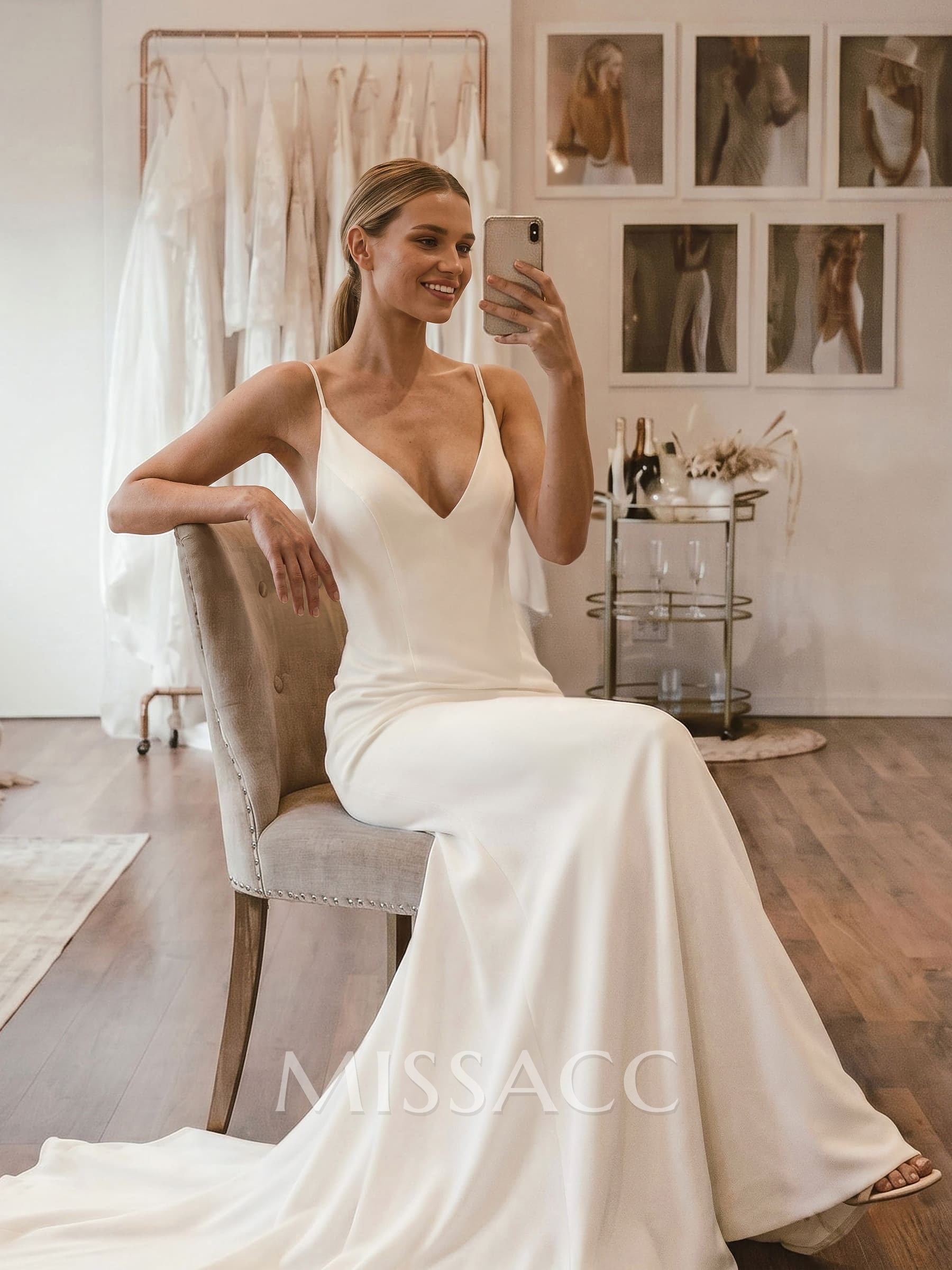 Mermaid V-Neck Sleeveless Court Train Elastic Satin Wedding Dresses
