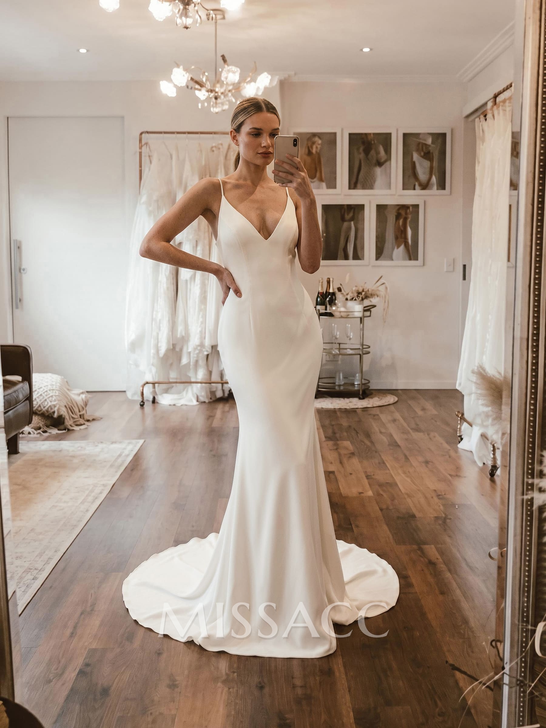 Mermaid V-Neck Sleeveless Court Train Elastic Satin Wedding Dresses