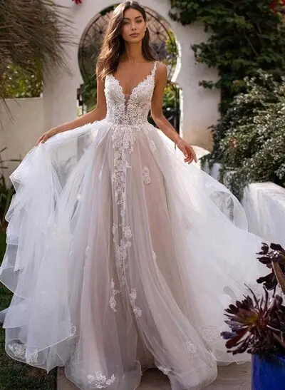 Princess Lace V-Neck Backless Wedding Dresses With Cascading Ruffles