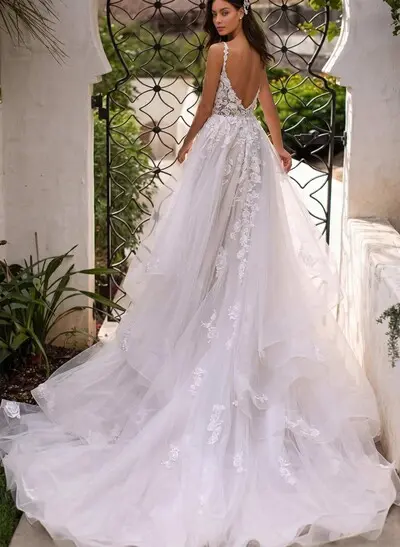 Princess Lace V-Neck Backless Wedding Dresses With Cascading Ruffles