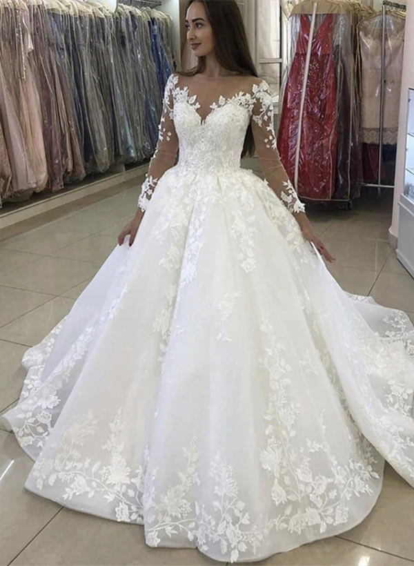 Ball-Gown V-neck Long Sleeves Court Train Lace Wedding Dresses With Appliques Lace