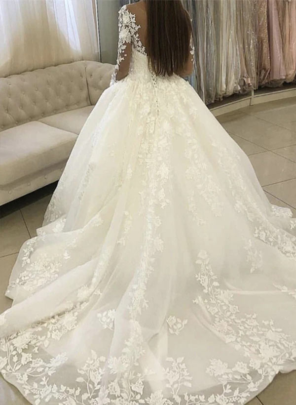 Ball-Gown V-neck Long Sleeves Court Train Lace Wedding Dresses With Appliques Lace