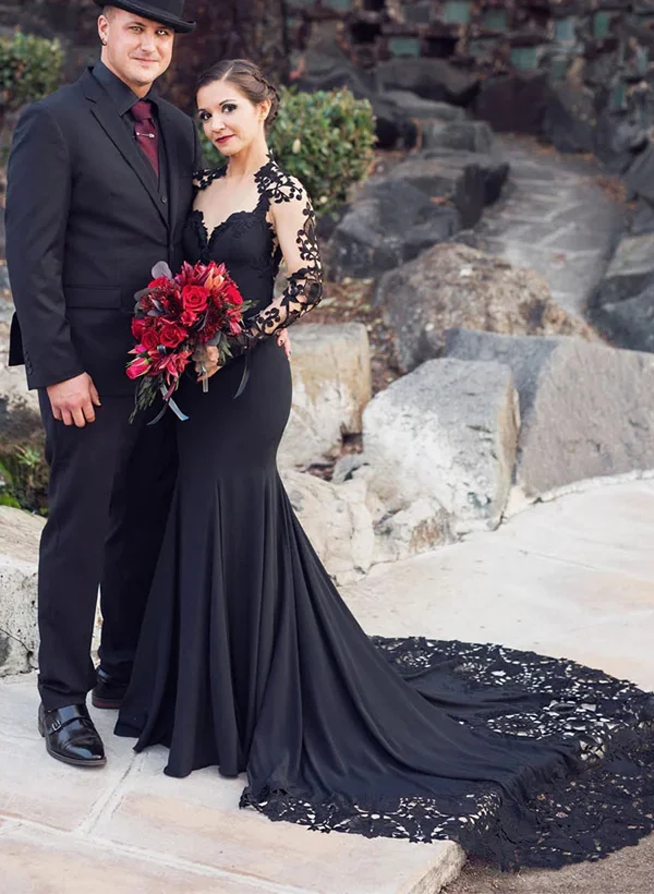 knee length dresses for ladies Gothic A-Line V Neck Long Sleeve Chapel Black Lace Wedding Dress main image 1