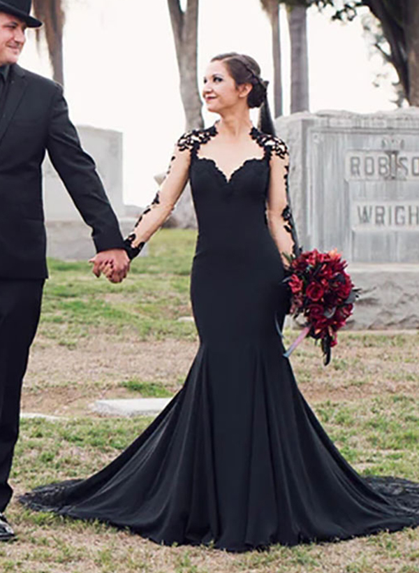 Trumpet/Mermaid Long Sleeves Luxury Elastic Satin Black Wedding Dresses With Appliques Lace