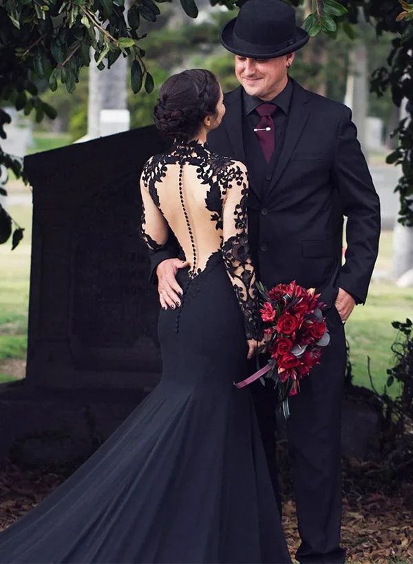 Trumpet/Mermaid Long Sleeves Luxury Elastic Satin Black Wedding Dresses  With Appliques Lace