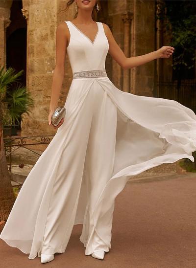 Jumpsuit/Pantsuit V-neck Sleeveless Elegant Chiffon/Lace Wedding Dresses With Lace
