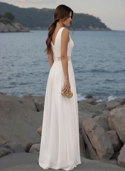 Jumpsuit/Pantsuit V-Neck Sleeveless Elegant Chiffon/Lace Wedding Dresses With Lace