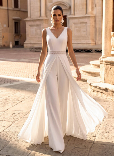 Jumpsuit/Pantsuit V-Neck Sleeveless Elegant Chiffon/Lace Wedding Dresses With Lace