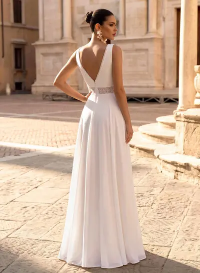 Jumpsuit/Pantsuit V-Neck Sleeveless Elegant Chiffon/Lace Wedding Dresses With Lace