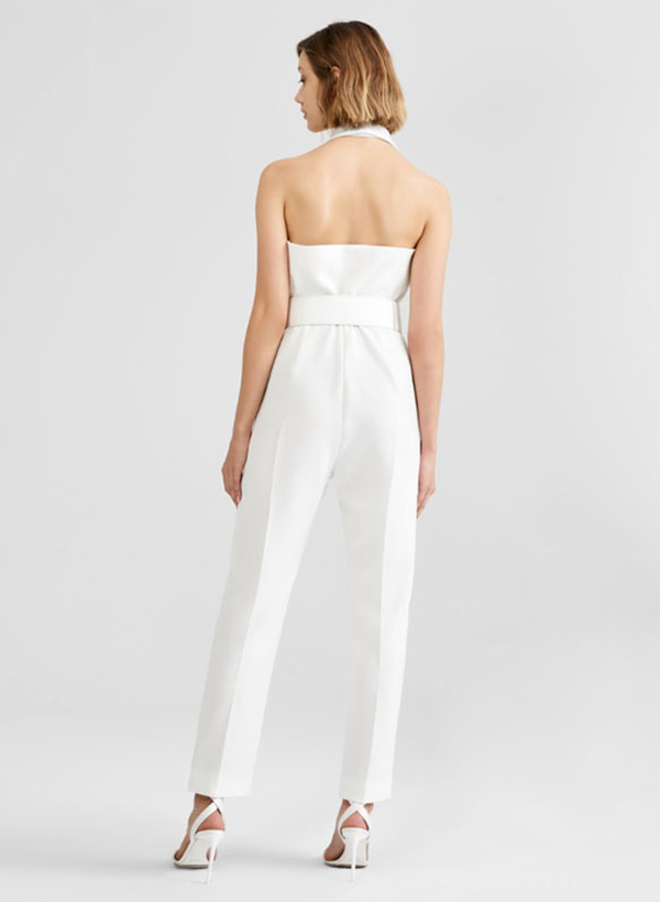 Jumpsuit/Pantsuit Halter Ankle-Length Elastic Satin Wedding Dresses With Pockets