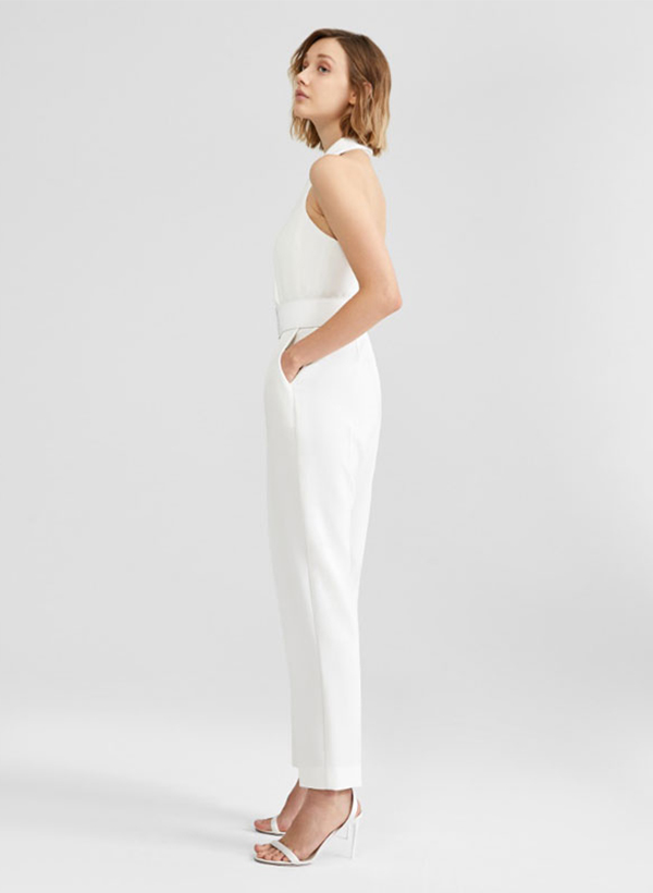 Jumpsuit/Pantsuit Halter Ankle-Length Elastic Satin Wedding Dresses With Pockets