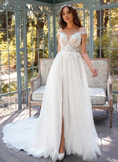 A-Line Illusion Neck Lace/Tulle Wedding Dresses With Appliques Lace