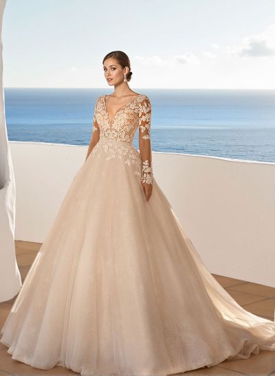 Classic Ball-Gown Long Sleeves Lace Wedding Dresses