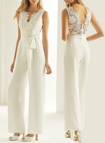 Jumpsuit/Pantsuit V-Neck Sleeveless Elegant Lace/Elastic Satin Wedding Dresses