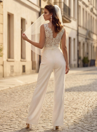 Jumpsuit/Pantsuit V-Neck Sleeveless Elegant Lace/Elastic Satin Wedding Dresses