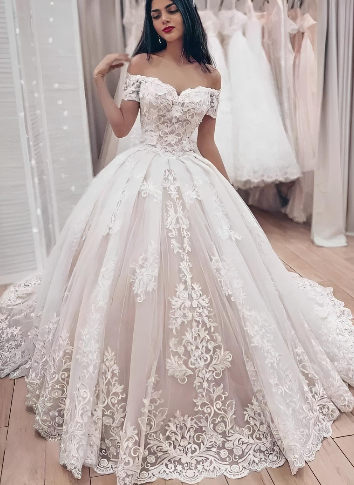 Classic Off-The-Shoulder Ball-Gown Lace Wedding Dresses