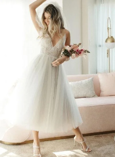 Boho Reception Lace Tea-Length Backless Wedding Dresses