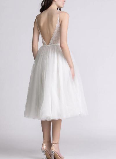 Boho Reception Lace Tea-Length Backless Wedding Dresses