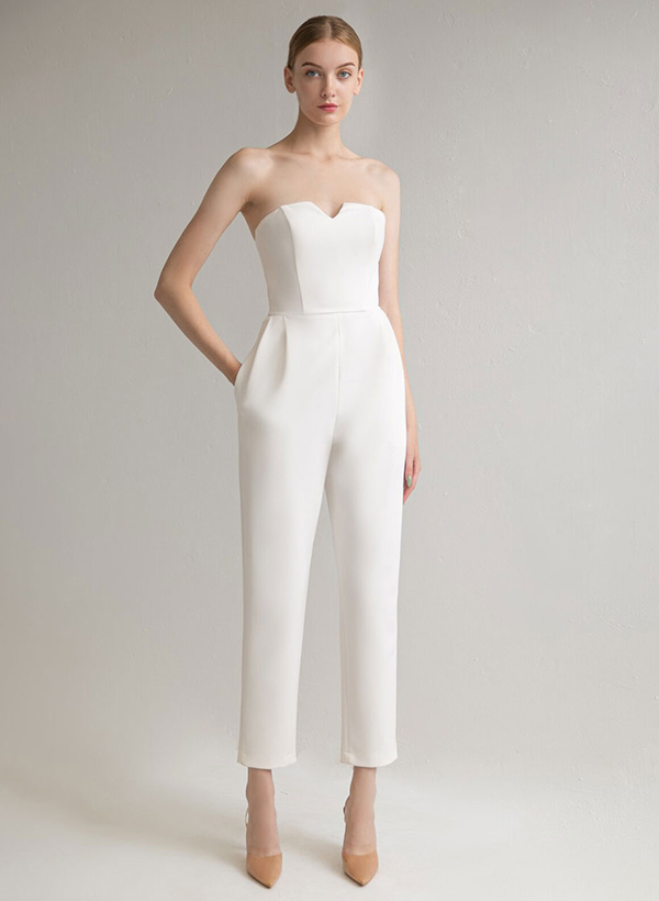 Jumpsuit/Pantsuit Strapless Ankle-Length Elastic Satin Wedding Dresses With Pockets