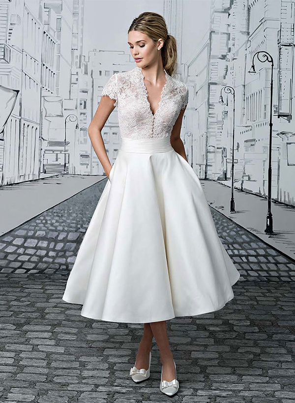 Ball-Gown V-Neck Short Sleeves Tea-Length Lace/Satin Wedding Dresses