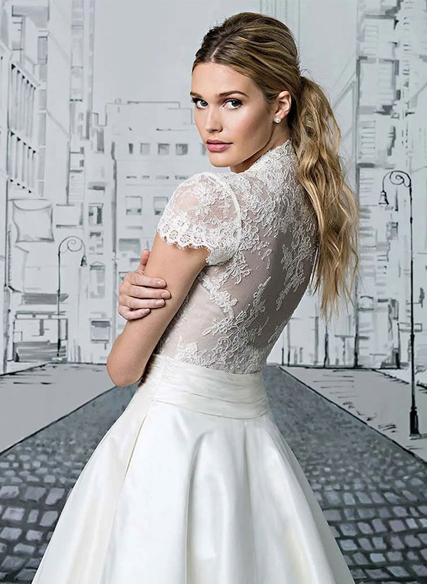 Ball-Gown V-Neck Short Sleeves Tea-Length Lace/Satin Wedding Dresses