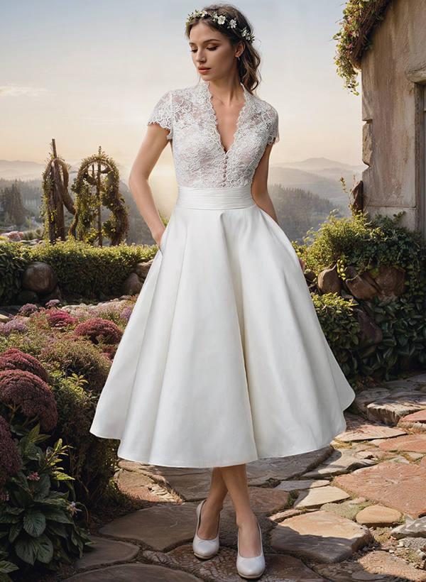 Ball-Gown V-Neck Short Sleeves Tea-Length Lace/Satin Wedding Dresses