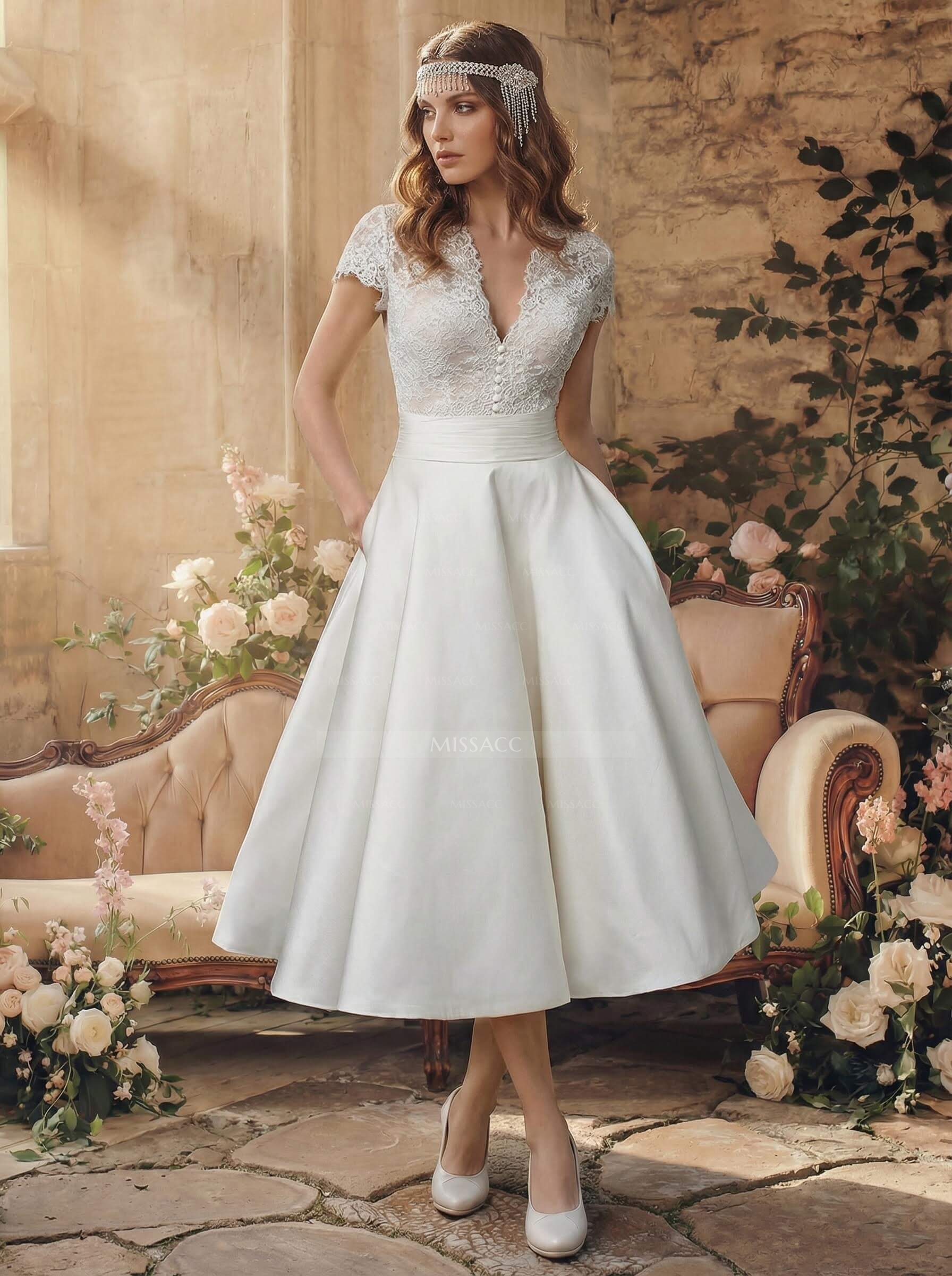 Ball-Gown V-Neck Short Sleeves Tea-Length Lace/Satin Wedding Dresses