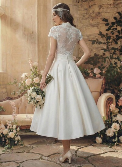 Ball-Gown V-Neck Short Sleeves Tea-Length Lace/Satin Wedding Dresses