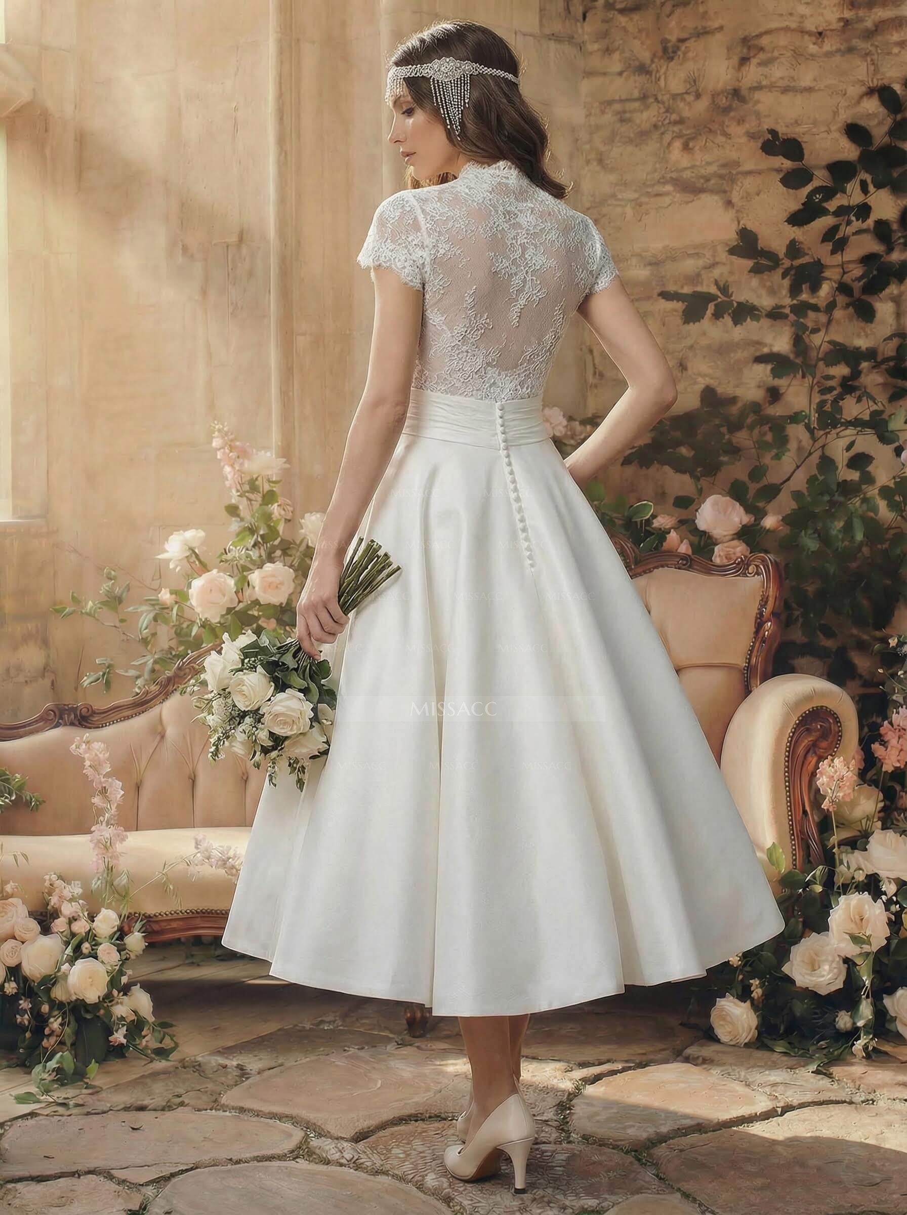 Ball-Gown V-Neck Short Sleeves Tea-Length Lace/Satin Wedding Dresses