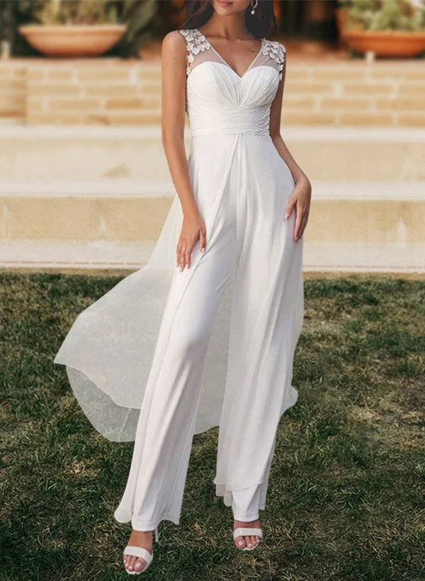 chinese dress ladies Classic Lace Jumpsuit Asymmetirc See Through Overskirt White Wedding Dress main image 1