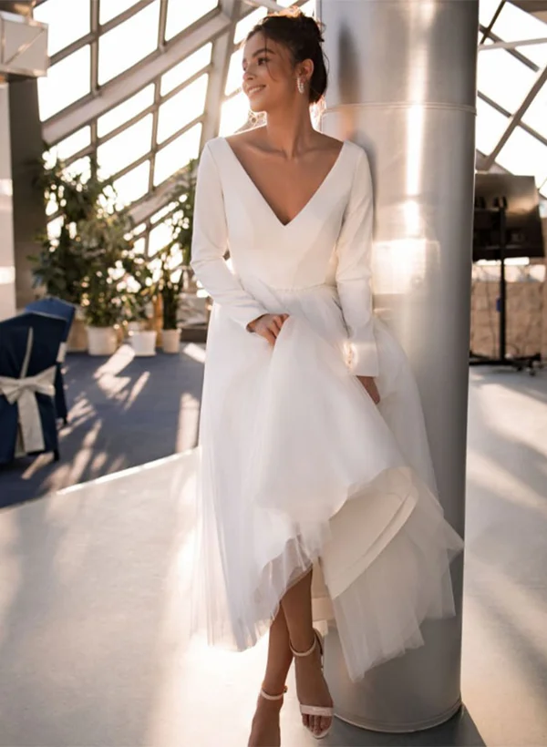 knee length dresses for ladies Off The Shoulder Tea Length Wedding Dresses Lace High Low Wedding Dress AWD1074 main image 0