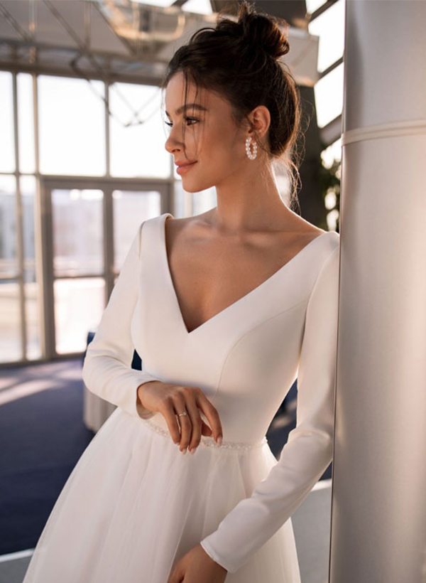 A-Line V-Neck Tea-Length Tulle/Elastic Satin Wedding Dresses With Long Sleeves