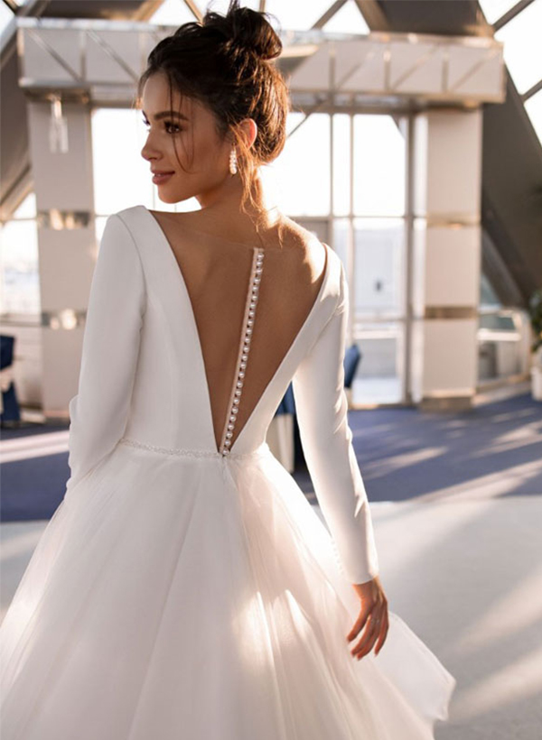 A-Line V-Neck Tea-Length Tulle/Elastic Satin Wedding Dresses With Long Sleeves