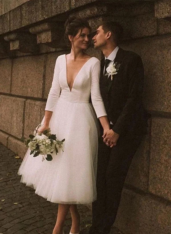 Missacc Ivory Bride A-Line Vintage Elastic Satin/Tulle Wedding Dresses With Deep V-Neck 3/4 Sleeves