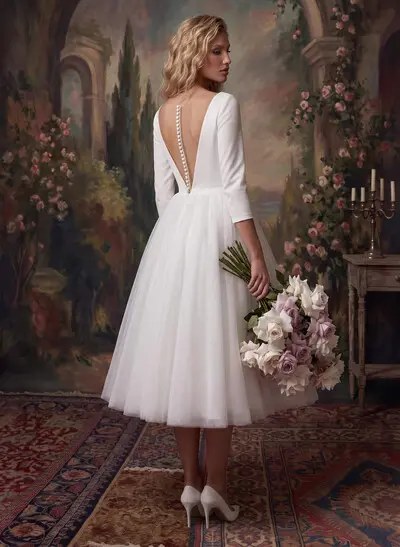 A-Line Vintage Elastic Satin/Tulle Wedding Dresses With Deep V-Neck 3/4 Sleeves