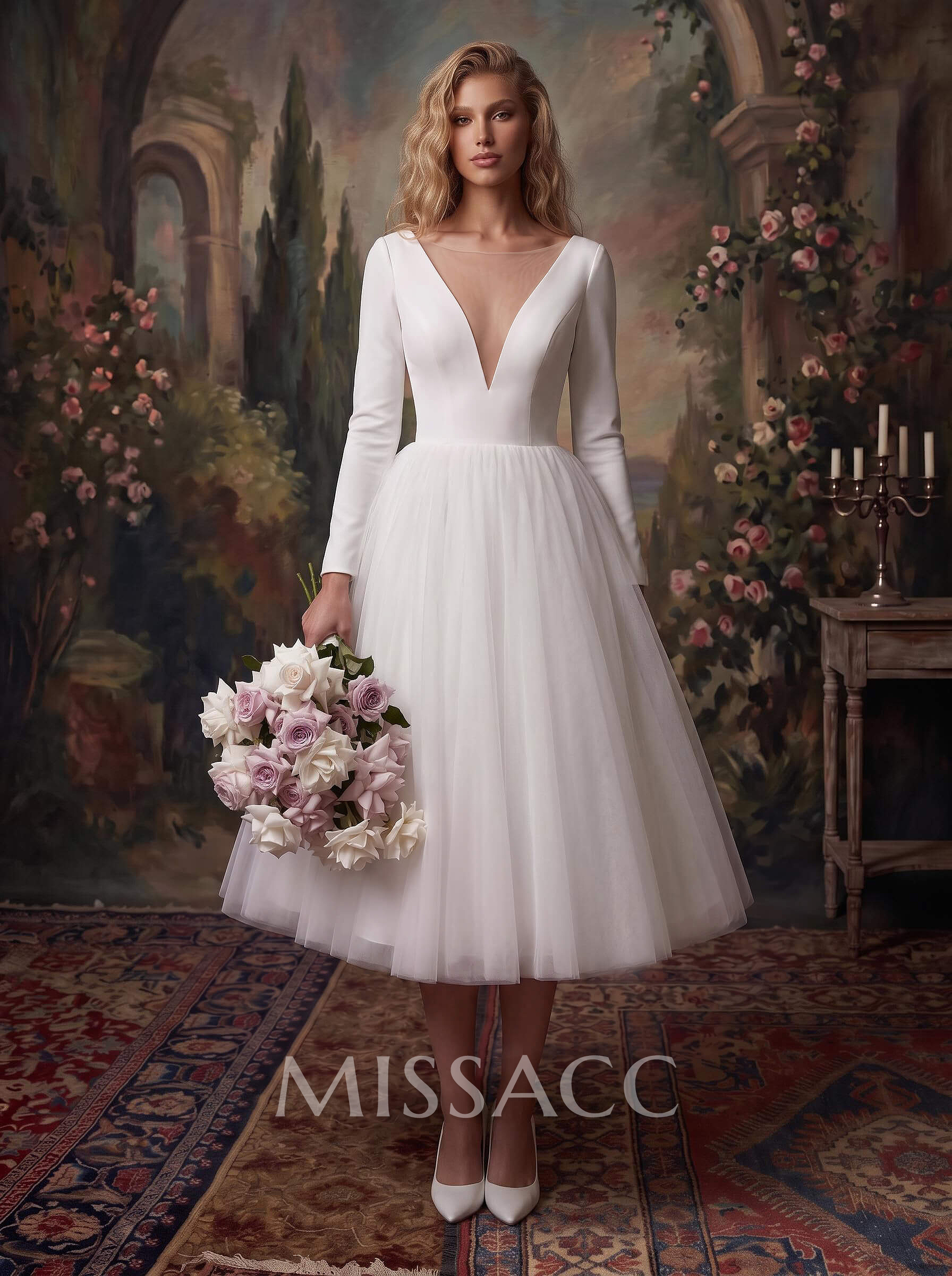 A-Line Vintage Elastic Satin/Tulle Wedding Dresses With Deep V-Neck 3/4 Sleeves A-Line Vintage Elastic Satin/Tulle Wedding Dresses With Deep V-Neck 3/4 Sleeves